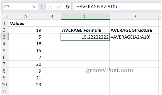Example AVERAGE formula in Excel