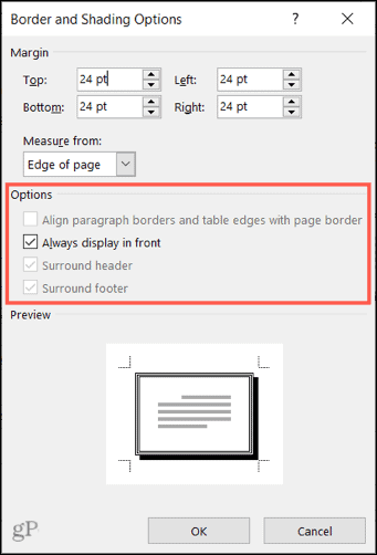 Select more options for the page border