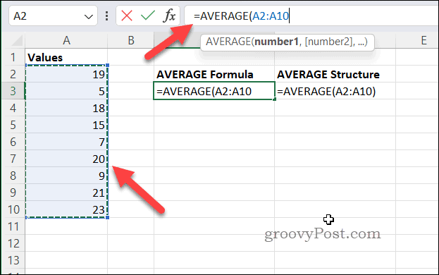 Creating a formula using AVERAGE in Excel