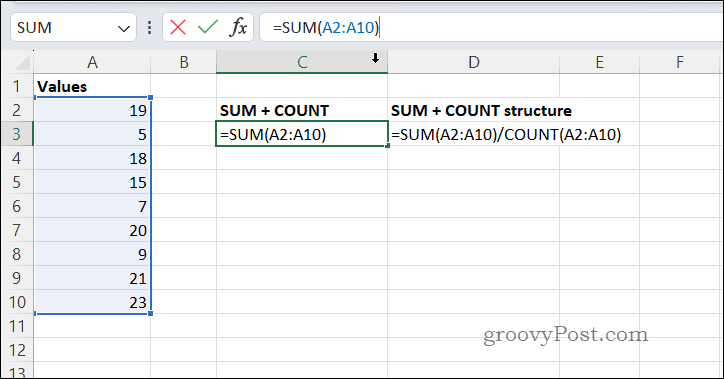 Calculating averages with SUM/COUNT in Excel