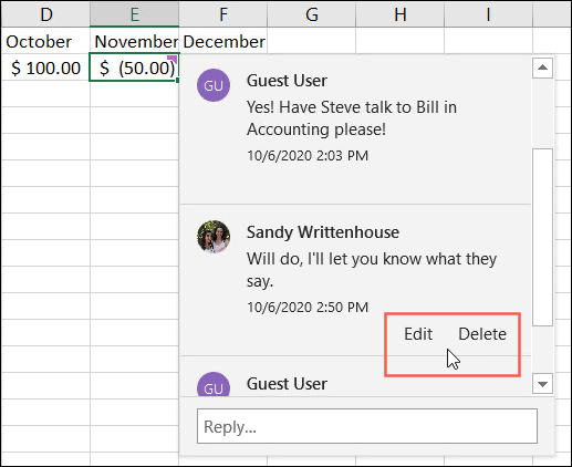 Edit or Delete a Comment Reply in Excel