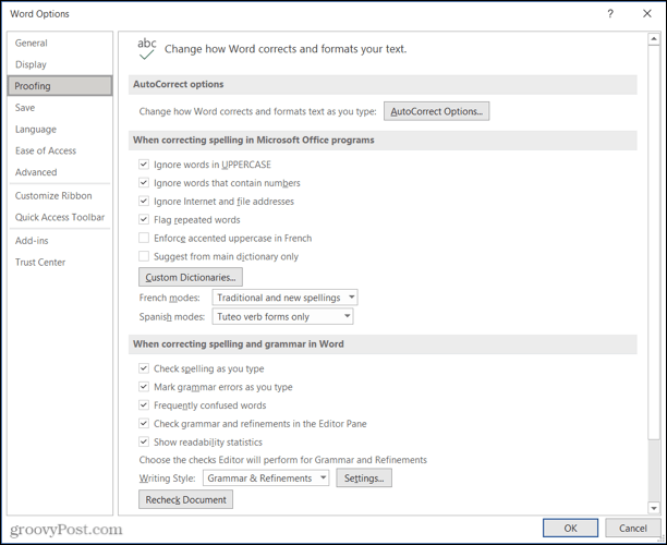 Word Proofing settings for Microsoft Editor