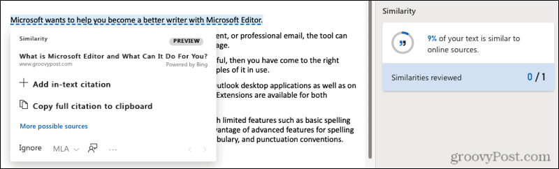 Microsoft Editor web similarity