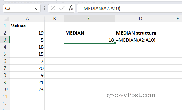 Example MEDIAN result in Excel