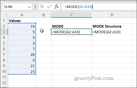 Example MODE formula in Excel