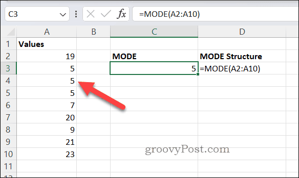 MODE formula result in Excel