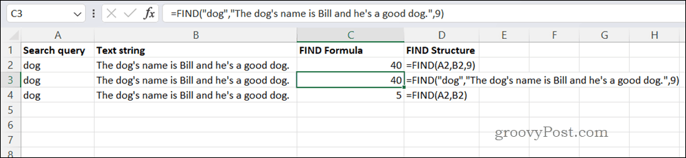 Example FIND formula in Excel