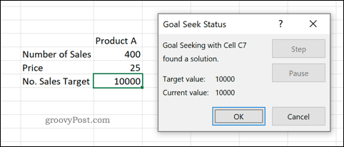 A preview of the Goal Seek tool in Excel