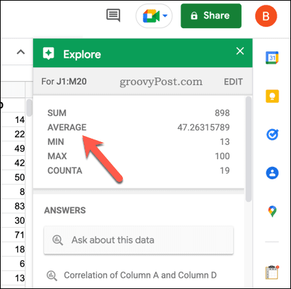 The Explore tab in Google Sheets