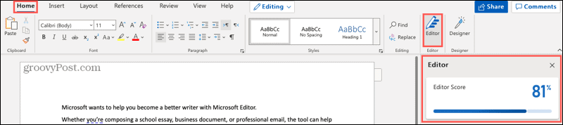 Microsoft Editor button and sidebar in Word online