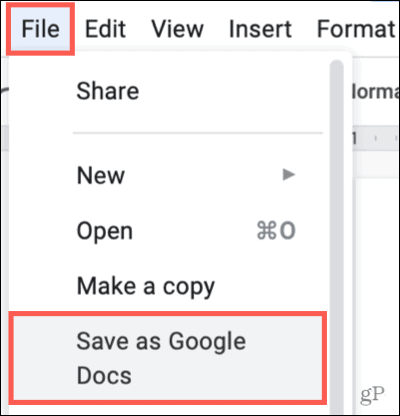 Click File, Save as Google Docs