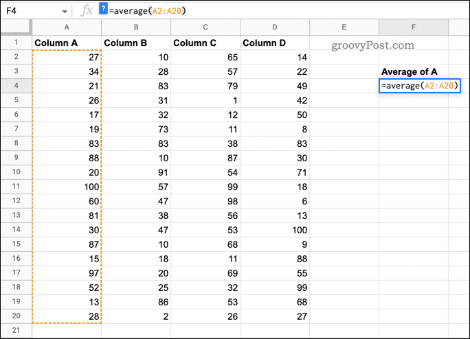 The AVERAGE function used in Google Sheets