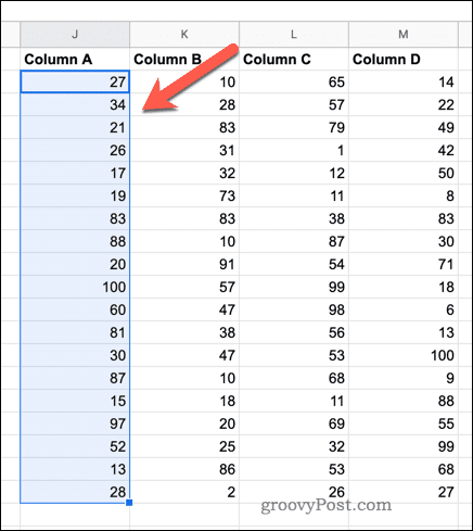 Example selected values in Google Sheets