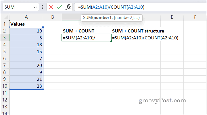 Calculating averages using SUM/COUNT in Excel
