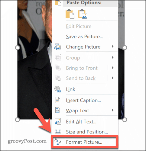 Entering the Format Picture menu in Word